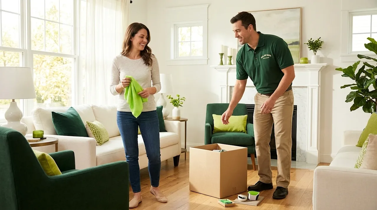 Clear and professional marketing lifestyle photography of a bright, airy living room with warm spring sunlight streaming thro
