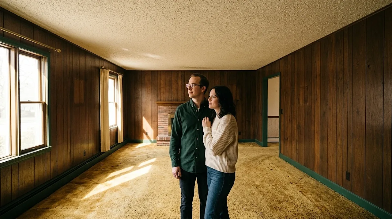 Professional marketing photography of a clearly outdated home interior. A wide-angle shot of an empty, bright living room fea