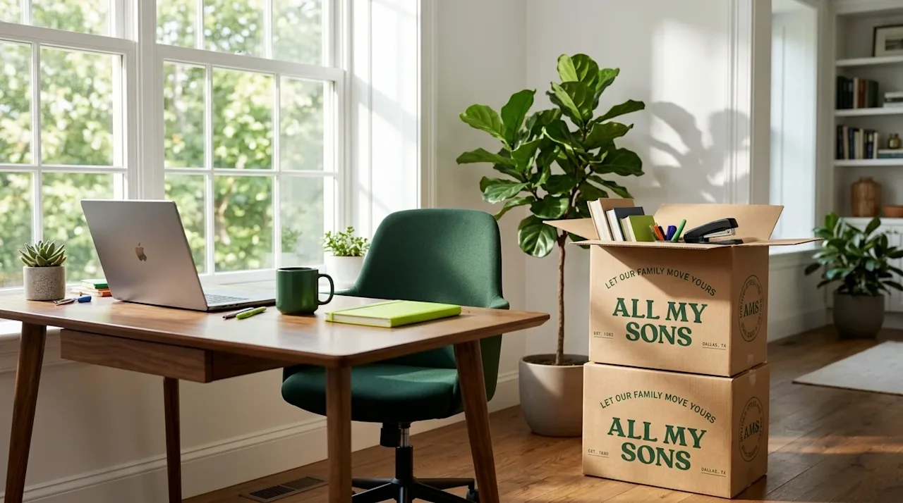 Professional marketing photography of a bright, welcoming modern home office space in the middle of being set up. A stylish w