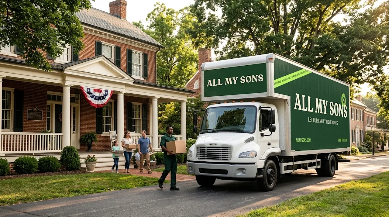 High-quality, realistic lifestyle photography of a family moving into a stately, historic American home in a picturesque town