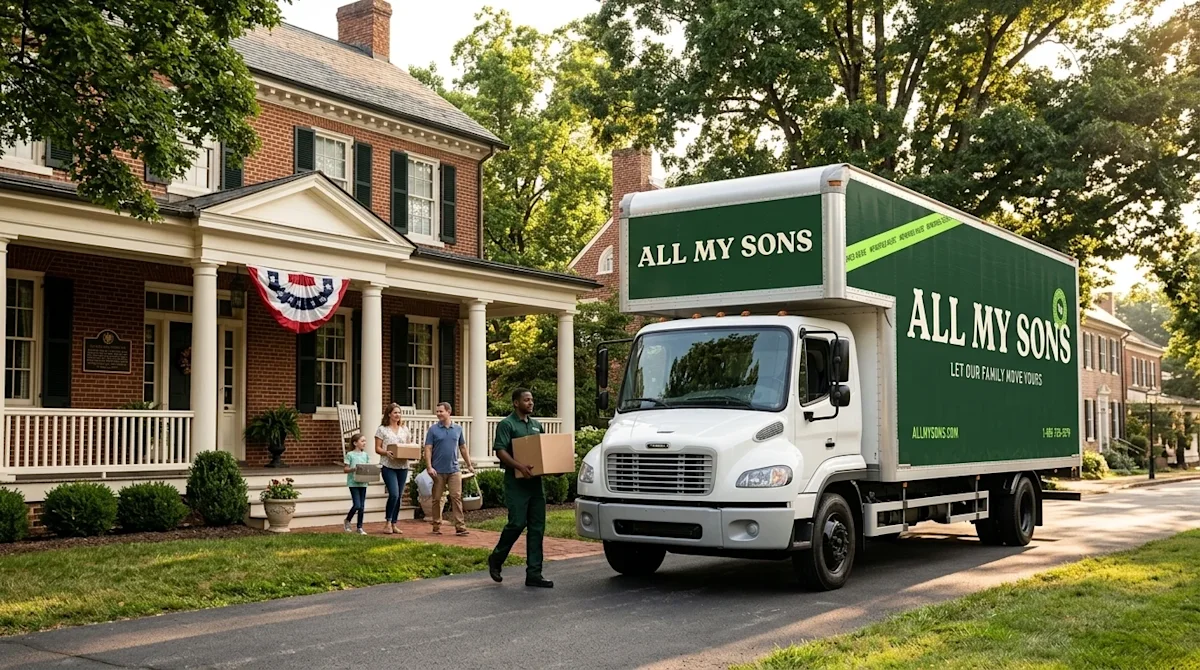 High-quality, realistic lifestyle photography of a family moving into a stately, historic American home in a picturesque town