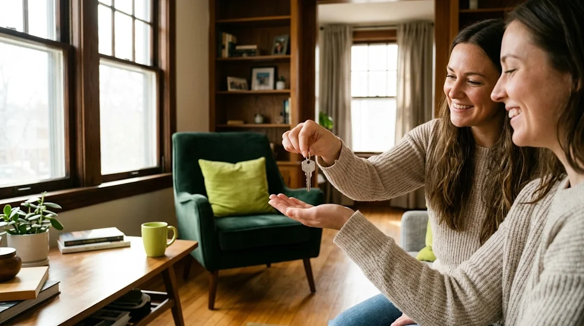 Professional marketing photography of two people warmly exchanging a set of house keys in a bright, sunlit apartment living r