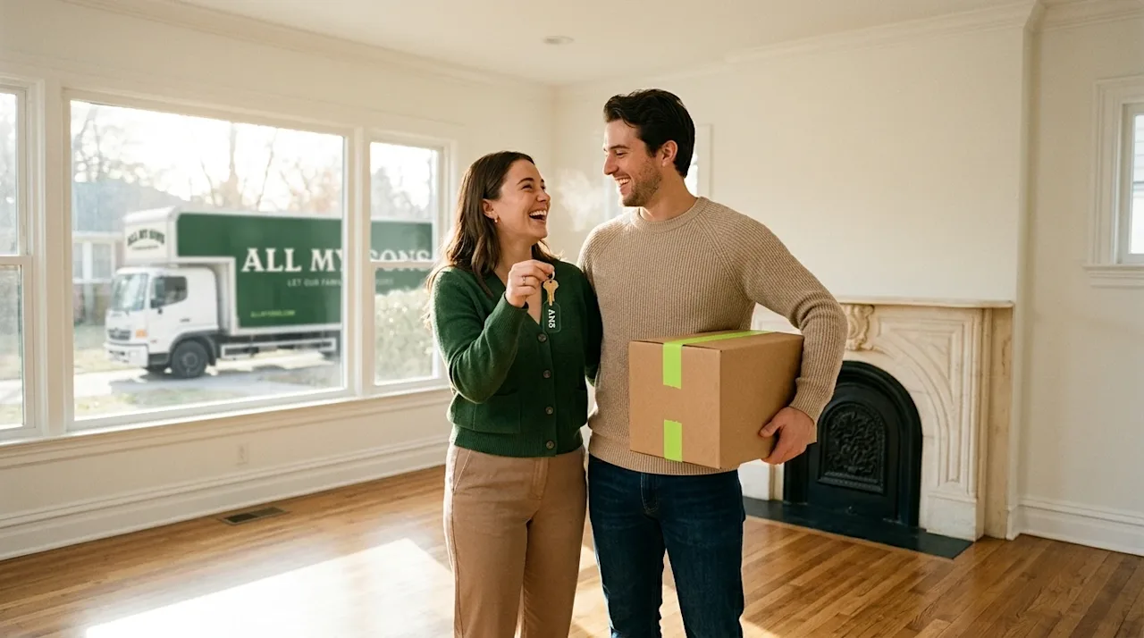 A photorealistic lifestyle photograph of a happy young couple standing in the bright, empty living room of their newly purcha