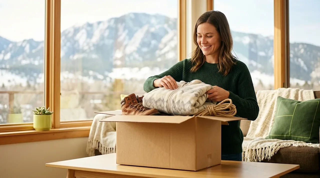 Clear and professional marketing lifestyle photography of a smiling person packing a clean, natural brown cardboard moving bo