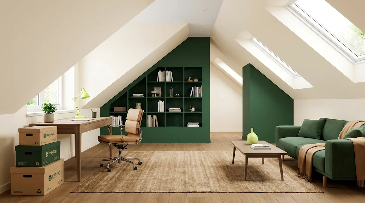 Finished attic home office and lounge with skylights, forest green accents, and stacked moving boxes.