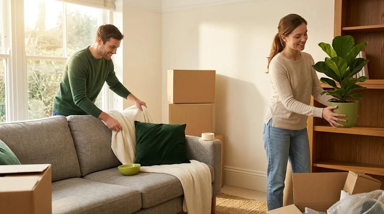 A candid, high-quality lifestyle photograph of a happy couple unpacking and decorating their cozy new living room, perfectly