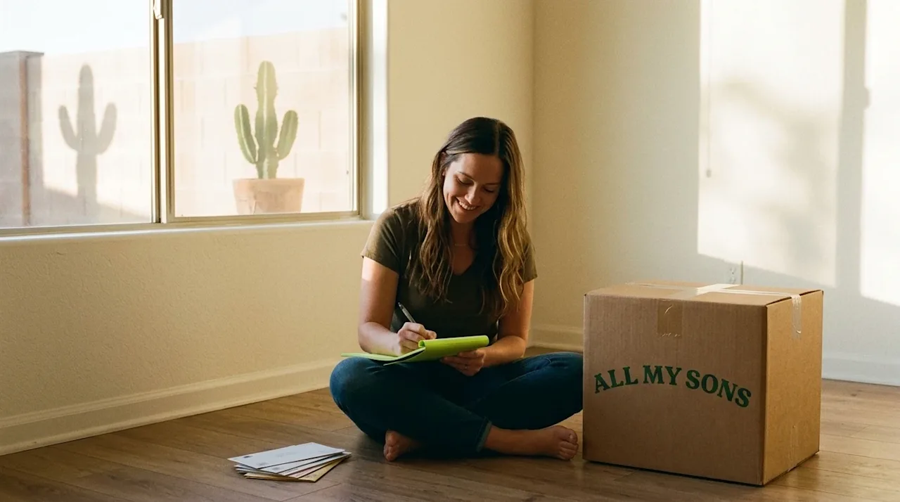Warm, candid lifestyle photography shot on 35mm film of a smiling woman sitting on the floor of a sunlit, mostly empty living