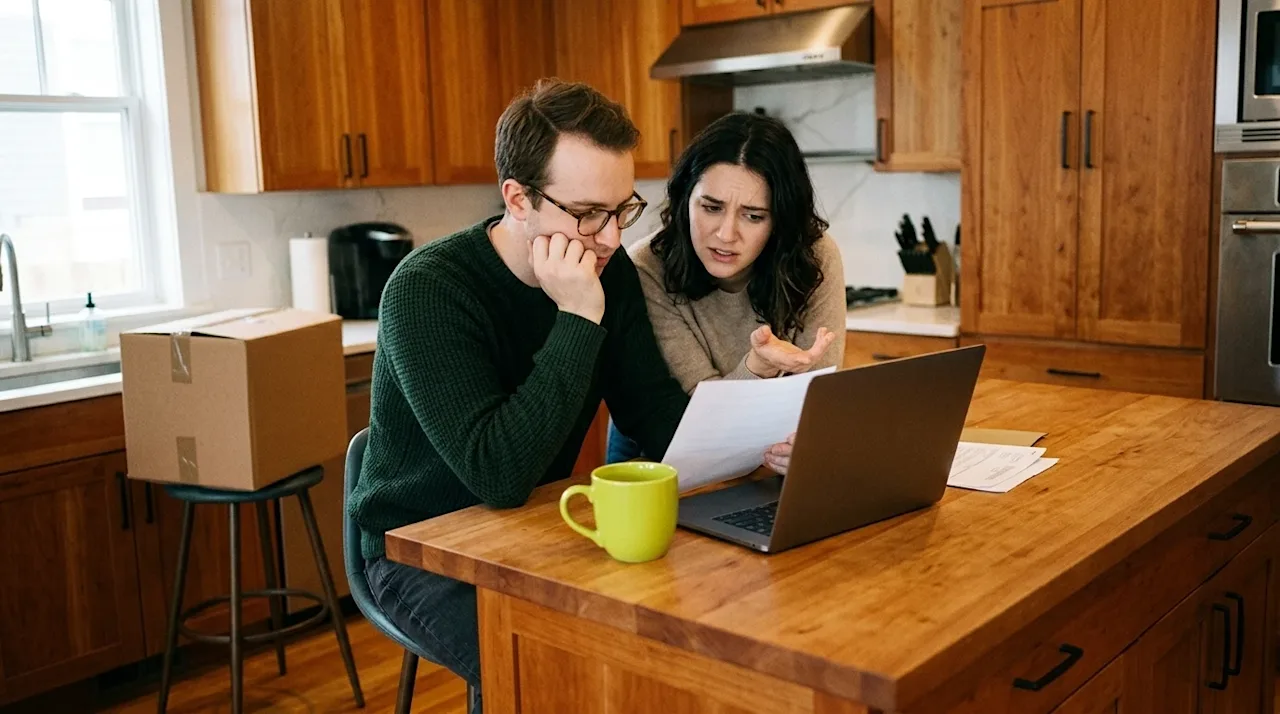 A candid, realistic film photograph of a young couple sitting at a warm wooden kitchen island, looking thoughtful and slightl