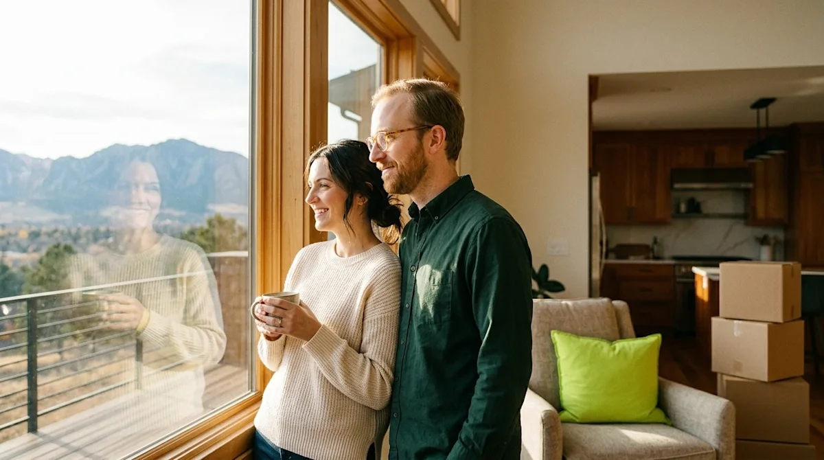 Candid lifestyle photography of a relaxed, smiling couple standing in the sunlit living room of their new home, looking out a