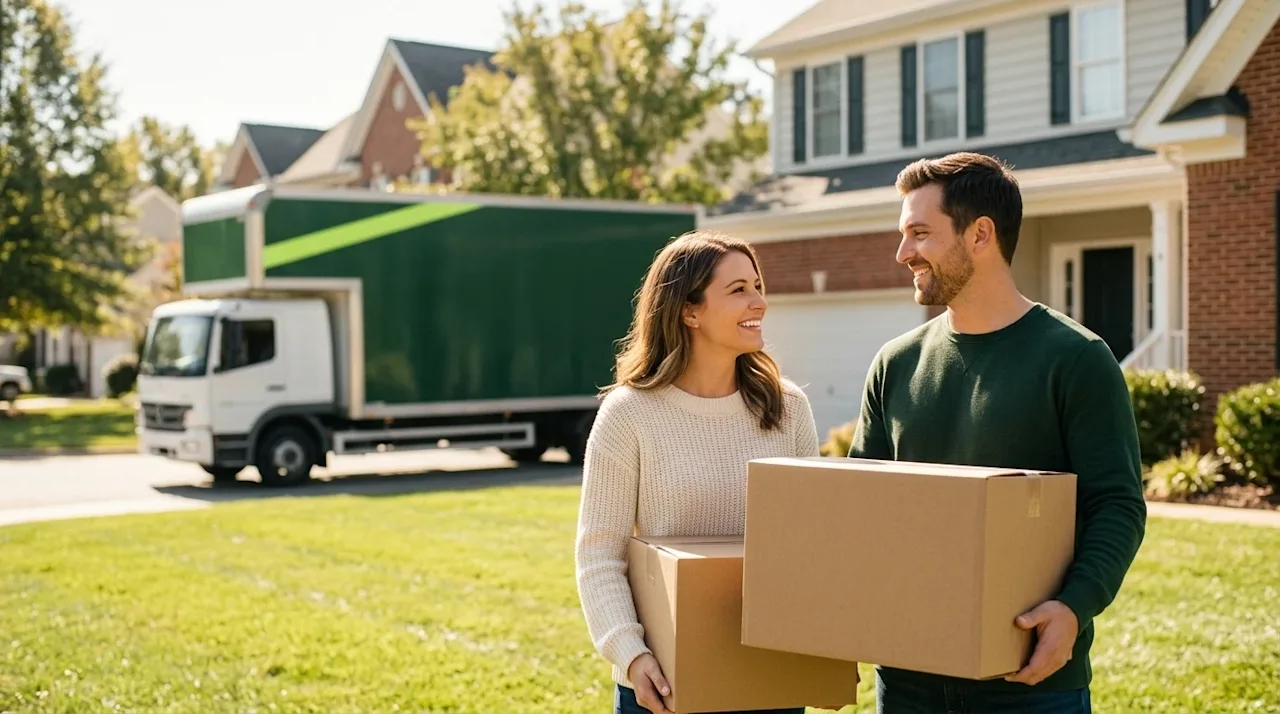 High-quality lifestyle photography of a happy couple arriving at their charming new two-story suburban home in Glen Allen, Vi