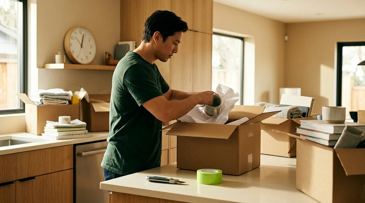 Professional marketing photography of an organized, efficient packing scene inside a well-lit, warm, and inviting modern home