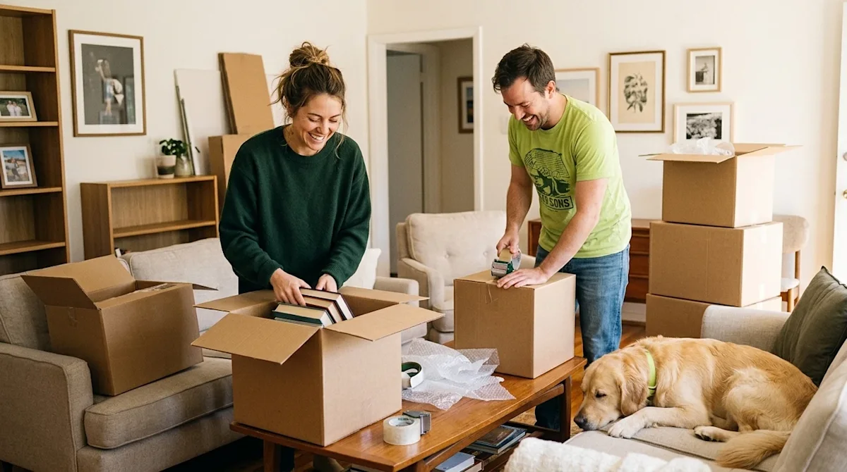 Candid editorial lifestyle film photography of a happy couple packing for a move in a sunlit, partially boxed-up living room.
