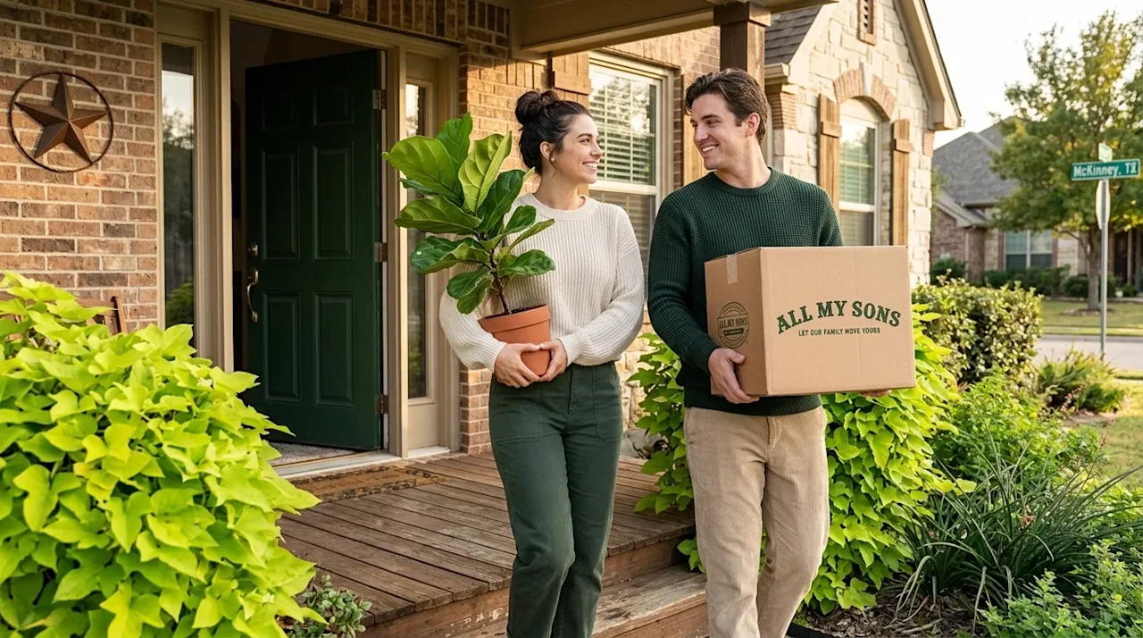 Clear and professional marketing photography of a happy couple standing on the sunny front porch of a charming suburban home