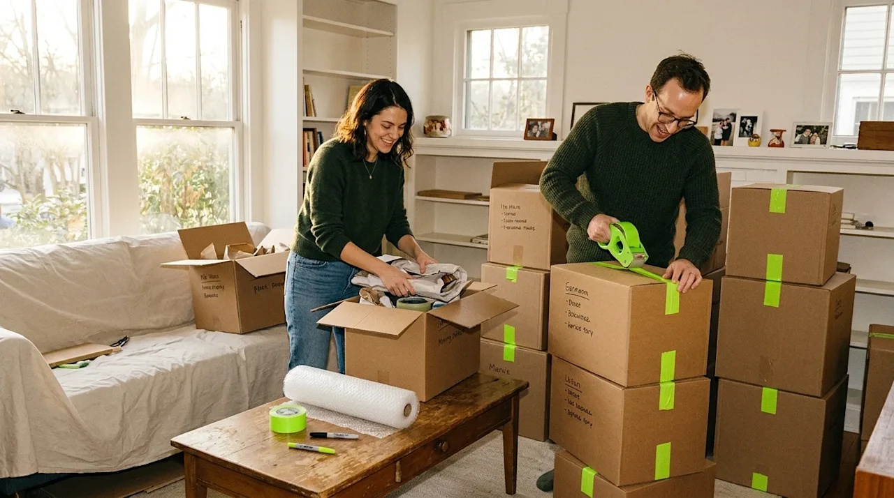 Candid lifestyle photography of a couple energetically packing their entire house in a single weekend. They are in a sunlit l