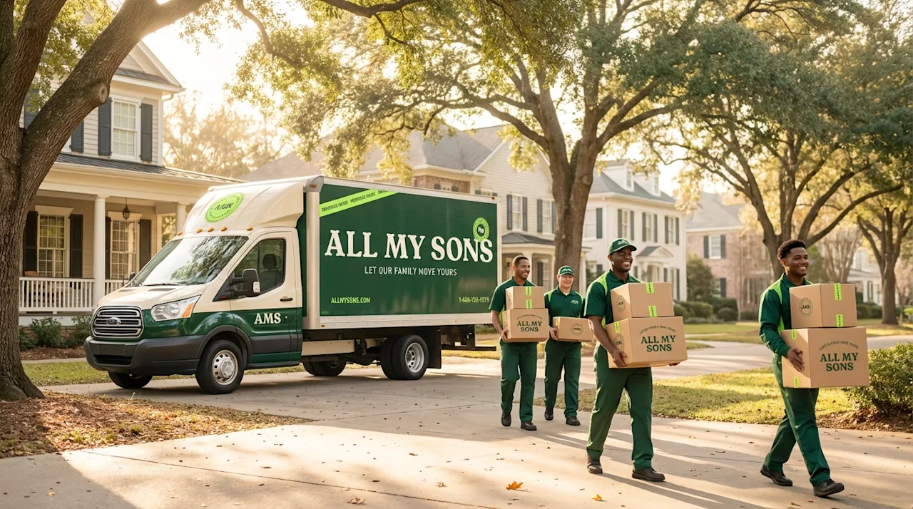 All My Sons movers carrying boxes near a green moving truck in a sunny Birmingham, Alabama neighborhood.