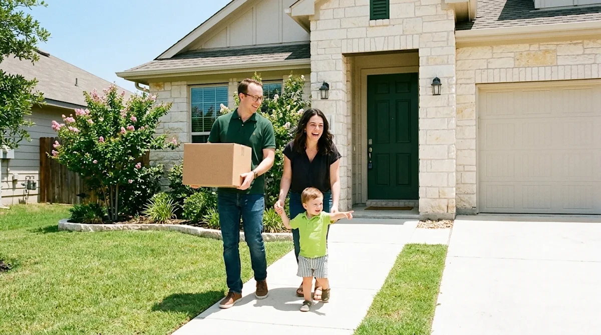 Professional marketing photography, candid lifestyle shot of a joyful young family arriving at their new home in a beautiful,