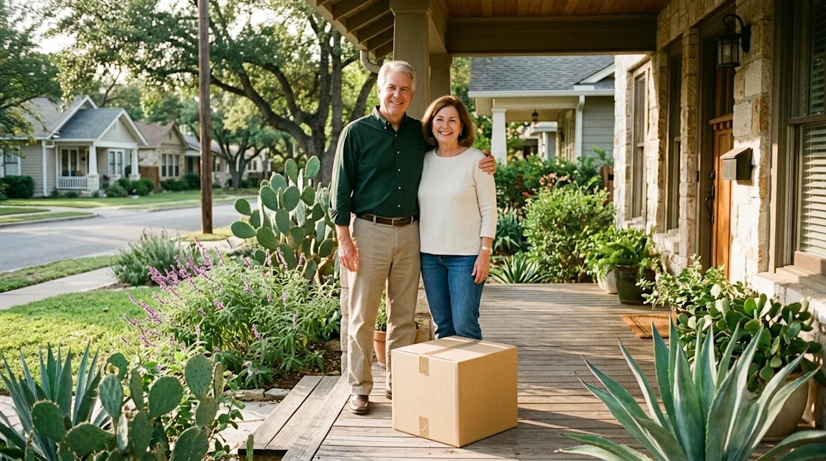 Candid, warm lifestyle photography of a joyful retired couple standing outside a charming home in a sunny, peaceful Austin, T