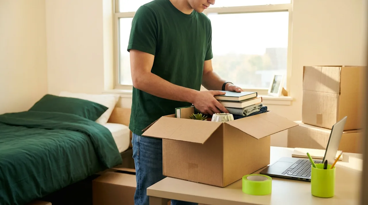 Student packing cardboard moving box in sunlit dorm room with forest green bedding and lime green desk accessories.