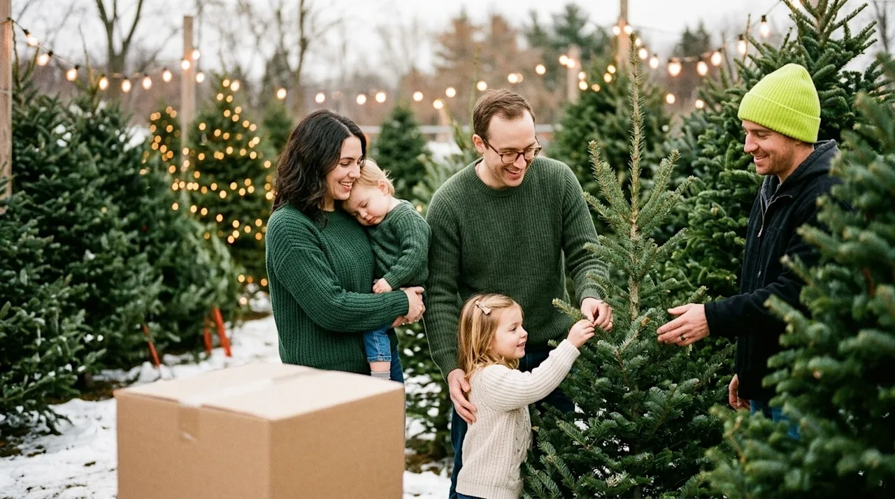 Candid lifestyle photography of a happy family picking out a fresh pine Christmas tree at a festive outdoor winter tree lot.