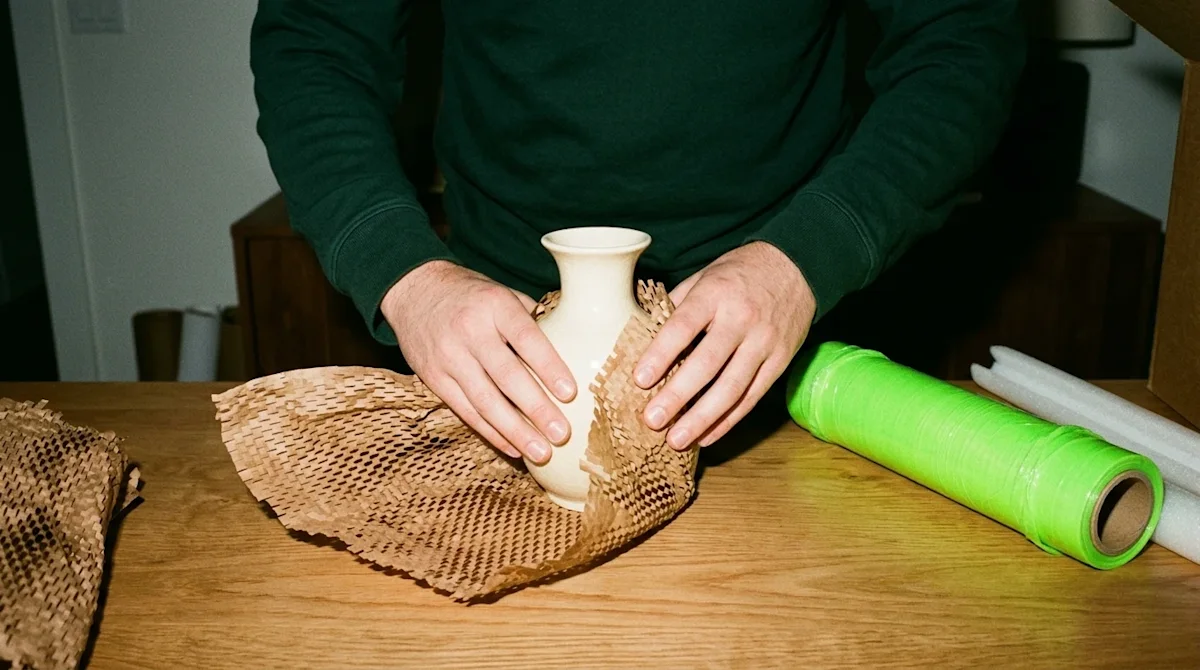 A candid, high-quality 35mm flash photography shot of unique and specialized moving supplies on a natural wood table inside a