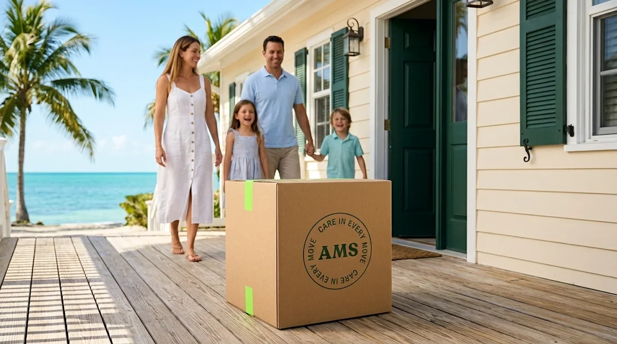 Clear, professional marketing photography of a smooth relocation to the Florida Keys. A bright, sunny tropical setting featur