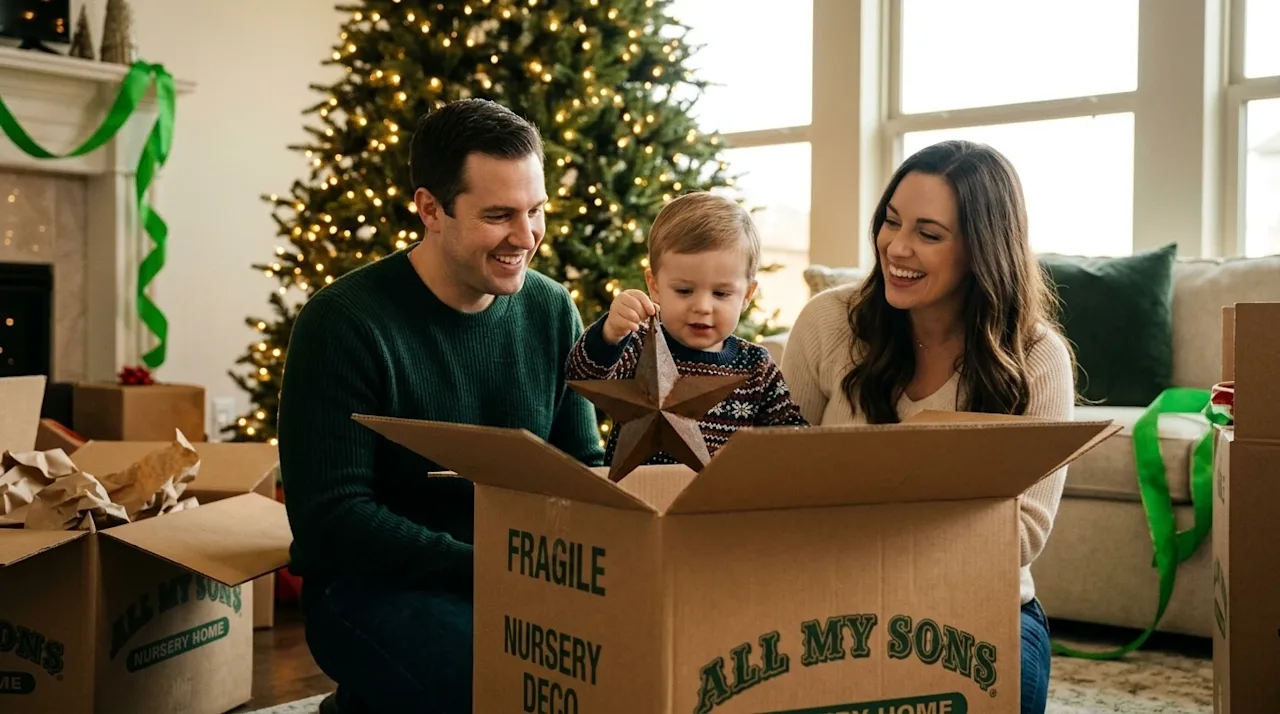 Clear and professional marketing photography of a happy family celebrating their first Christmas in their new Fort Worth home