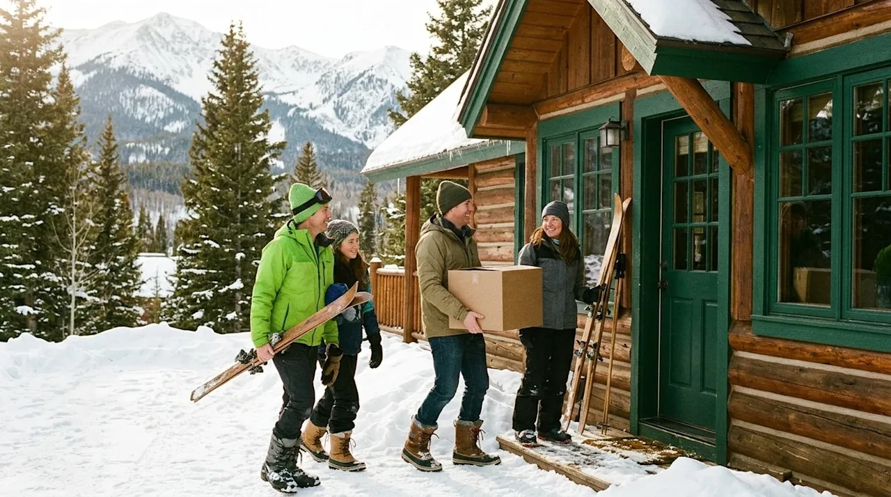 Candid, documentary-style lifestyle photography of a family arriving at a cozy, snow-covered ski lodge in the mountains near