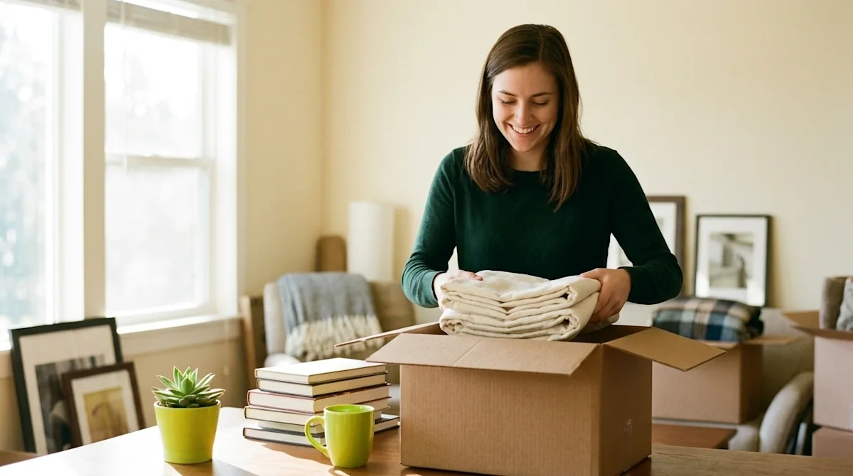 Candid lifestyle photography of a person decluttering a bright, warm-toned living room in preparation for a move. A smiling y