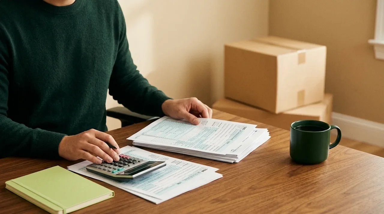 Professional marketing photography of a well-lit, warmly toned home office setting bridging the concept of moving and finance