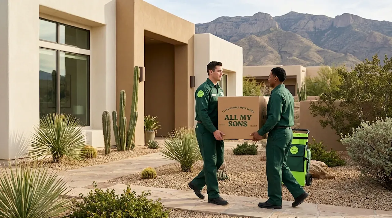 All My Sons professional movers in green uniforms carrying a box outside a modern home in El Paso, Texas.