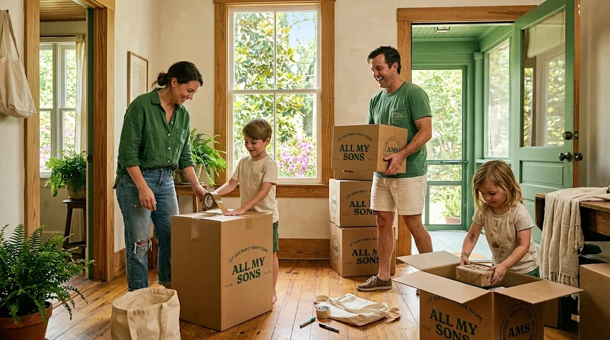Candid, warm lifestyle photography of a family happily packing natural cardboard moving boxes in a sunlit, Southern-style hom