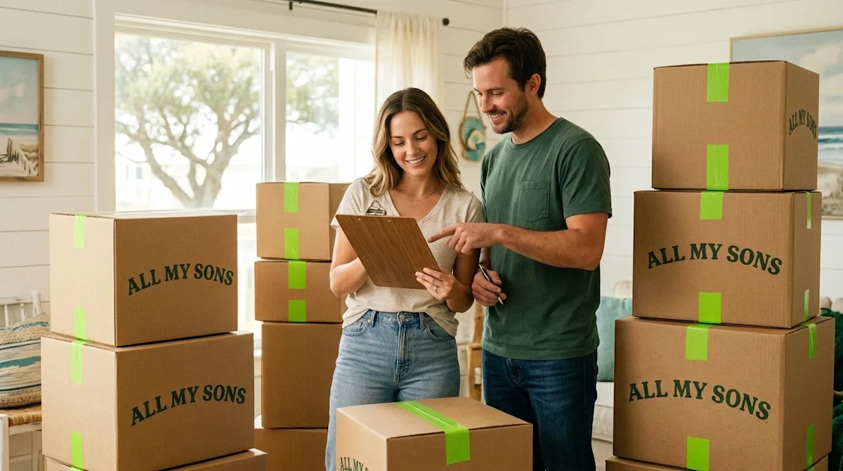 Editorial lifestyle photography, shot on 35mm film with warm, nostalgic lighting. A couple stands in a bright, sunlit coastal