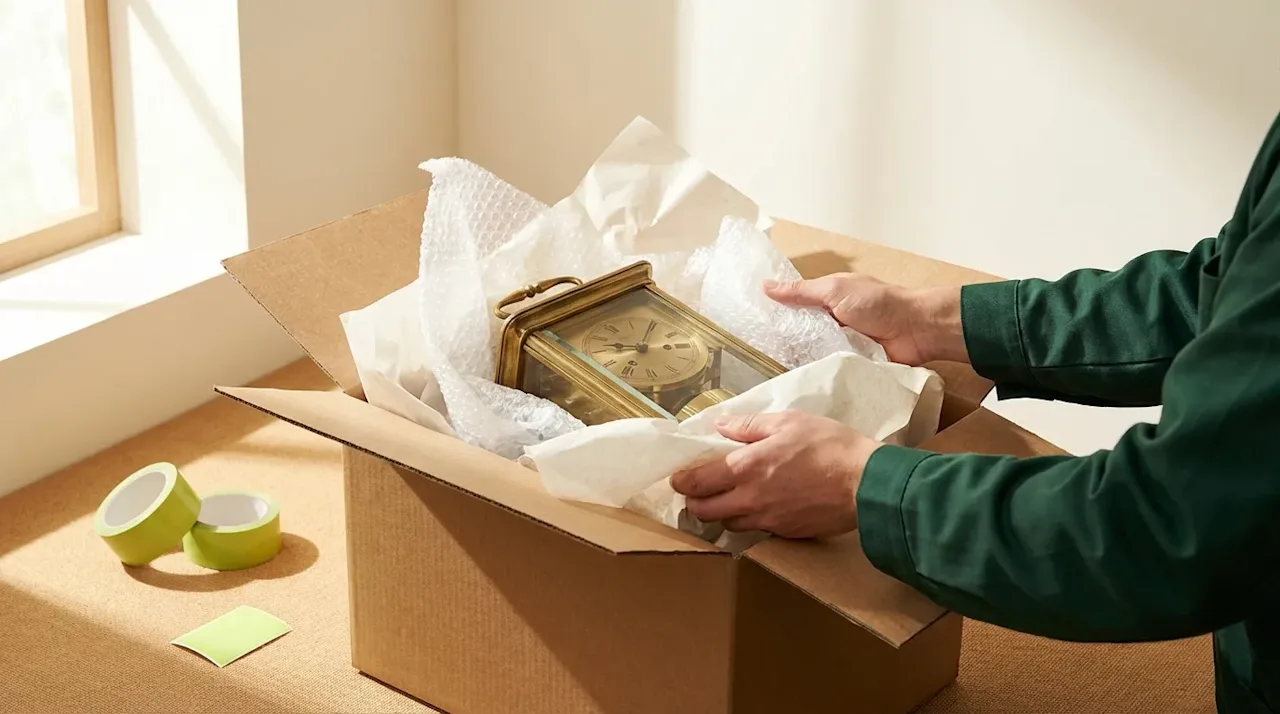 Professional mover packing a valuable antique clock with protective materials for safe transport and asset protection.