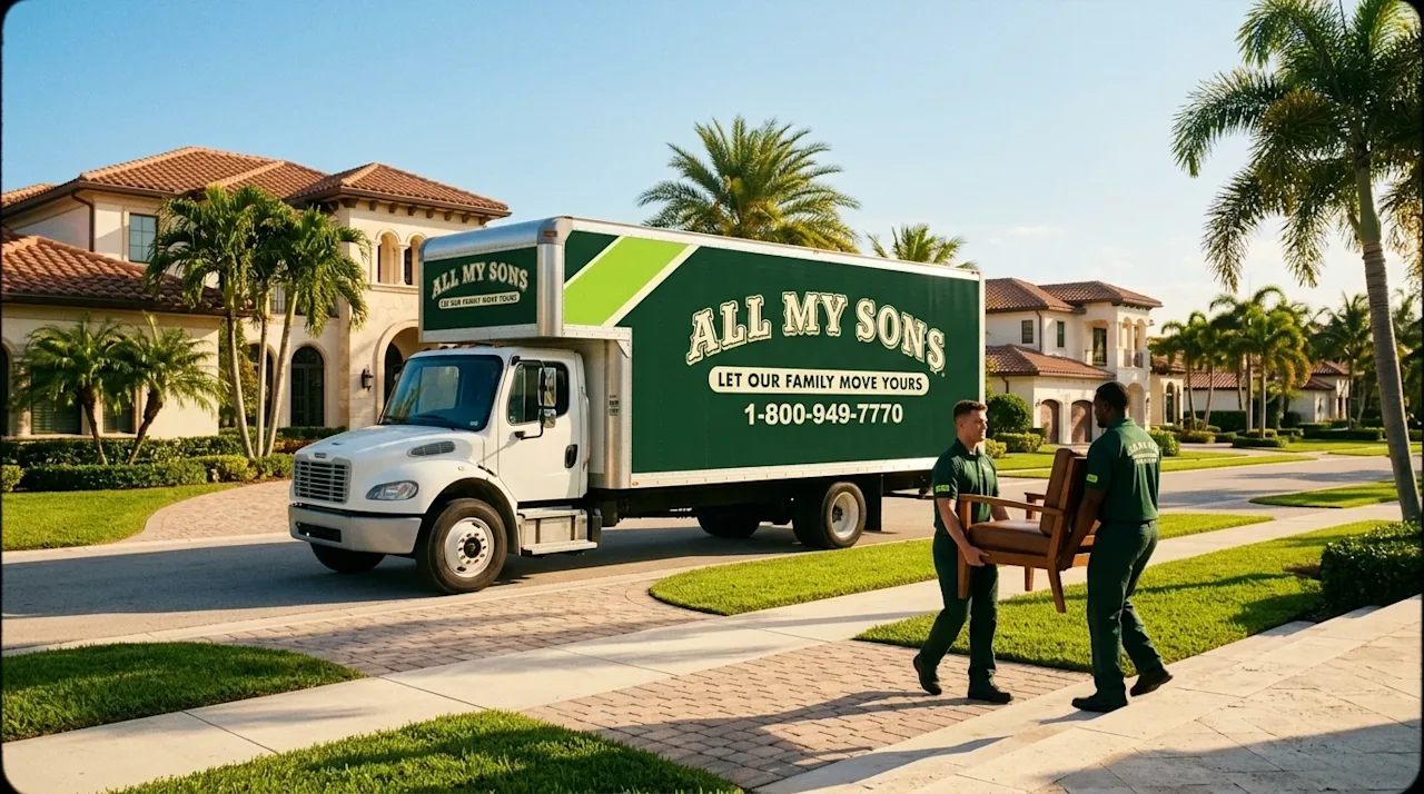 Professional marketing photography, wide establishing shot of a sun-drenched, upscale neighborhood in West Palm Beach, Florid