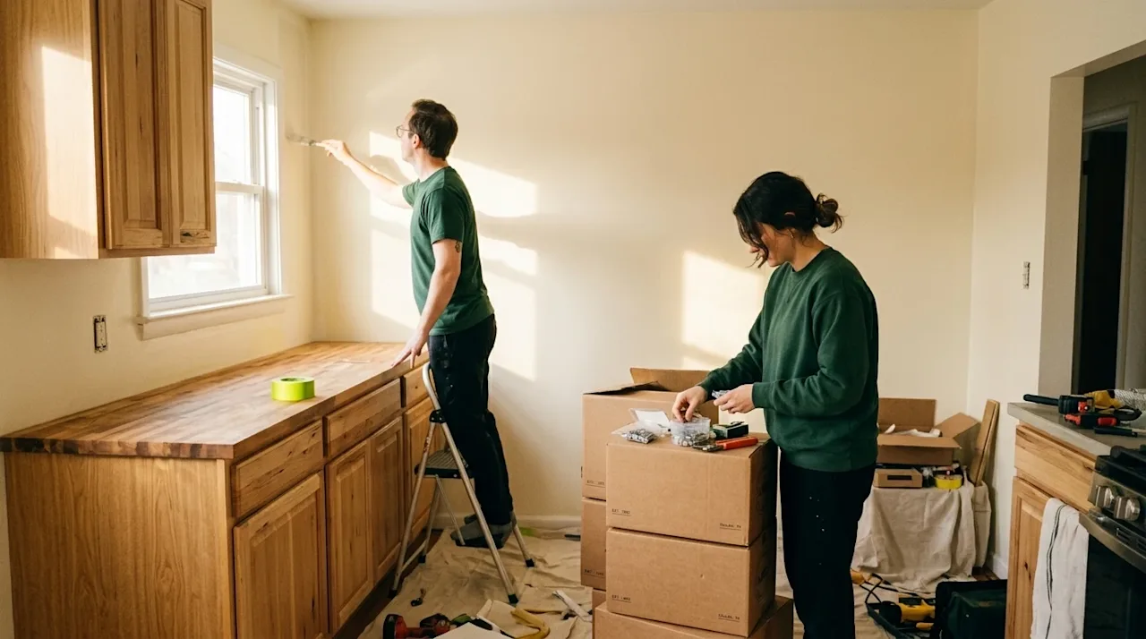 A candid, 35mm film-style lifestyle photograph of a bright home interior mid-remodel, capturing a kitchen renovation that add