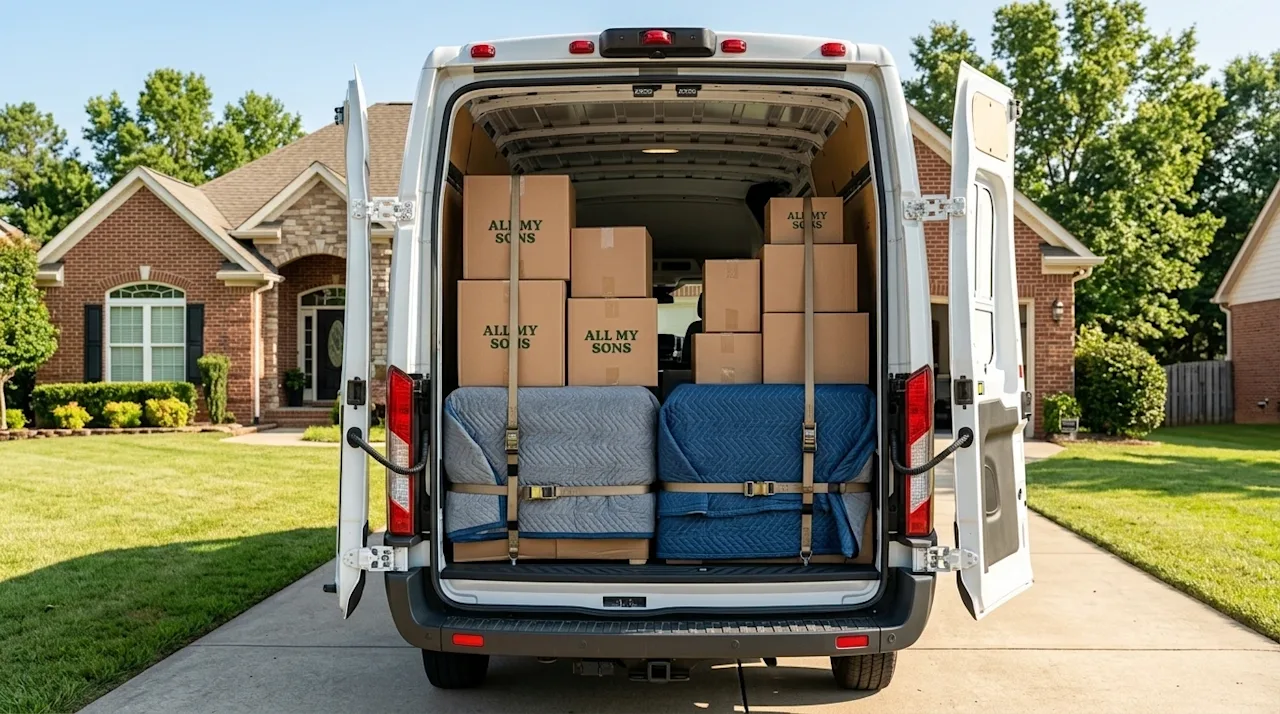 High-end commercial photography, wide top-of-page hero image composition. The open back of a professional moving van parked i