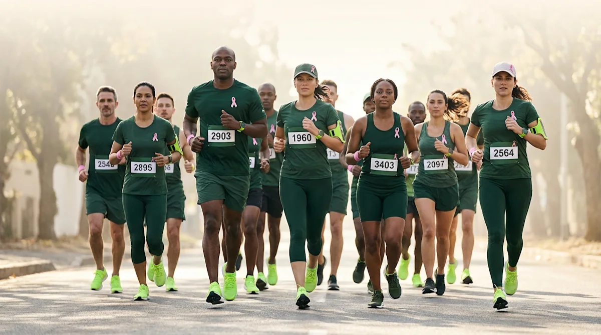 Diverse runners in forest green athletic gear with pink ribbons participating in a breast cancer marathon event.