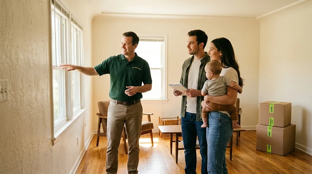 Professional marketing photography of a home inspection in progress. A friendly, professional home inspector wearing a dark f