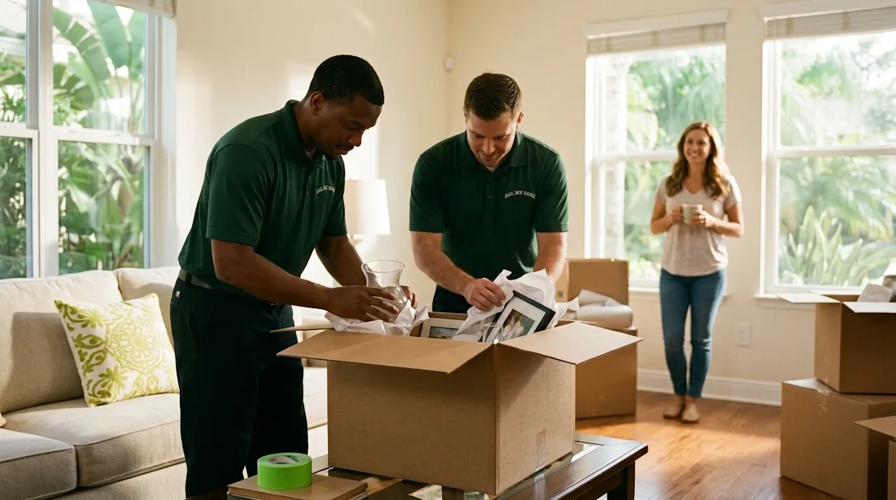 Professional marketing photography of a stress-free full-service moving experience inside a sunny Kissimmee home. Two profess