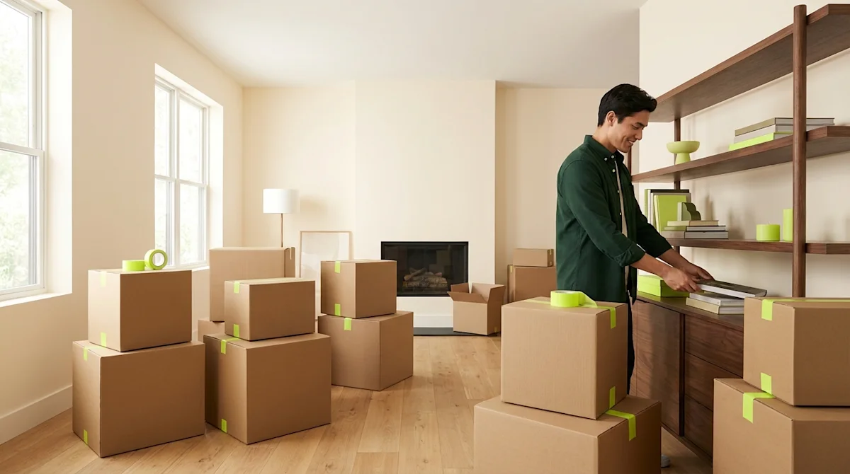 A man unpacking cardboard boxes with neon lime tape in a bright, organized living room for a professional move.