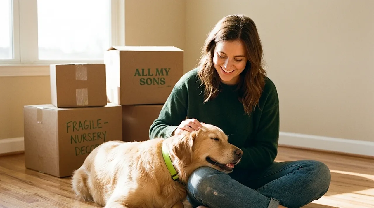 A candid, realistic lifestyle photograph of a young woman sitting comfortably on the hardwood floor of a bright, new rental a