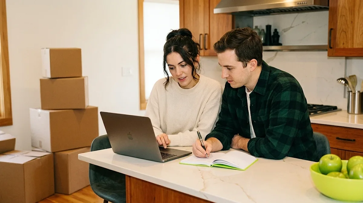 Candid, high-quality lifestyle photography of a young couple sitting at a kitchen island in their newly purchased first home,