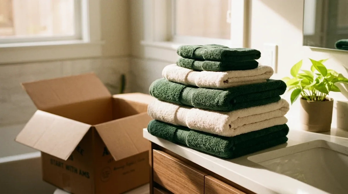 A warm, authentic lifestyle photograph of a stack of fluffy, premium bath towels neatly folded on a modern wooden bathroom va