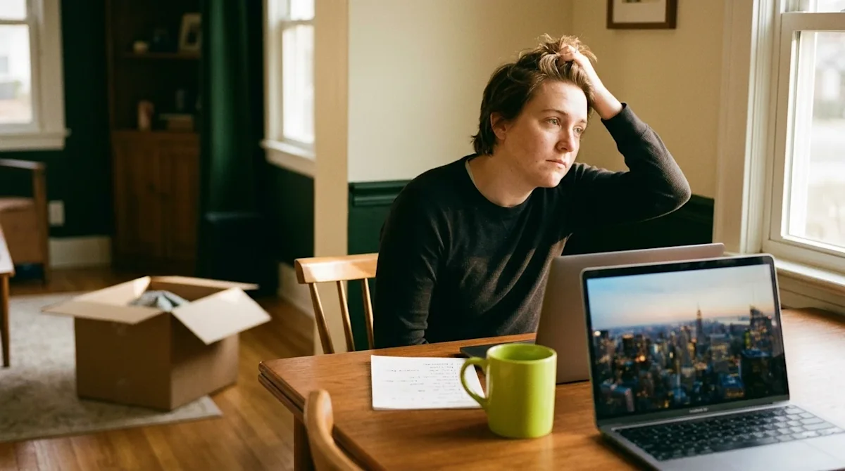 Candid 35mm film lifestyle photography of a thoughtful, slightly hesitant person sitting at a warm wooden dining table in a c