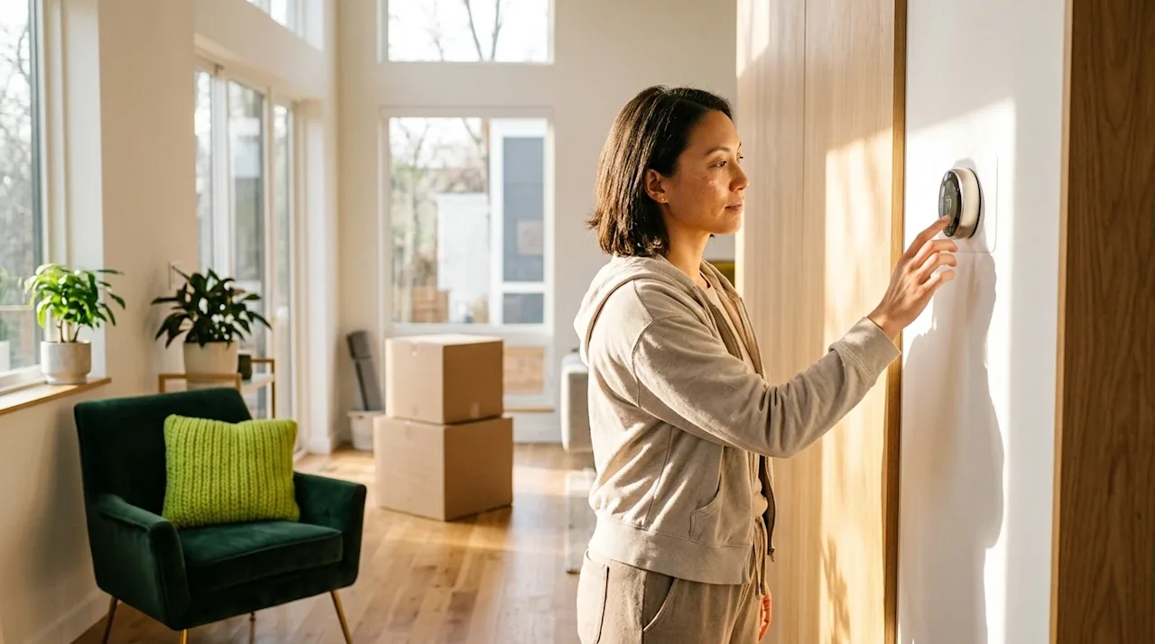 Professional marketing photography of a person adjusting a modern smart wall thermostat in a bright, sunlit home. The scene i