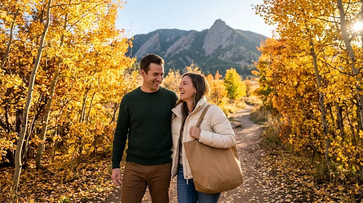 Clear and professional marketing photography of a happy couple enjoying a crisp October autumn day outdoors in Boulder, Color