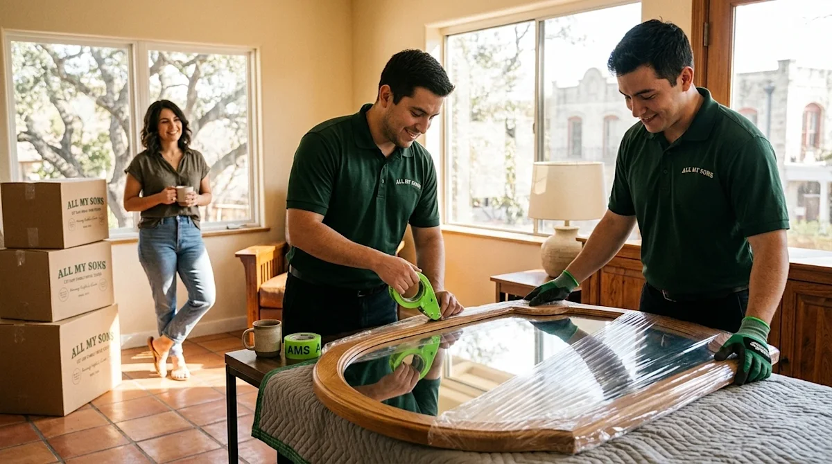 Professional marketing photography of two friendly, professional movers in dark forest green uniform polo shirts carefully wr