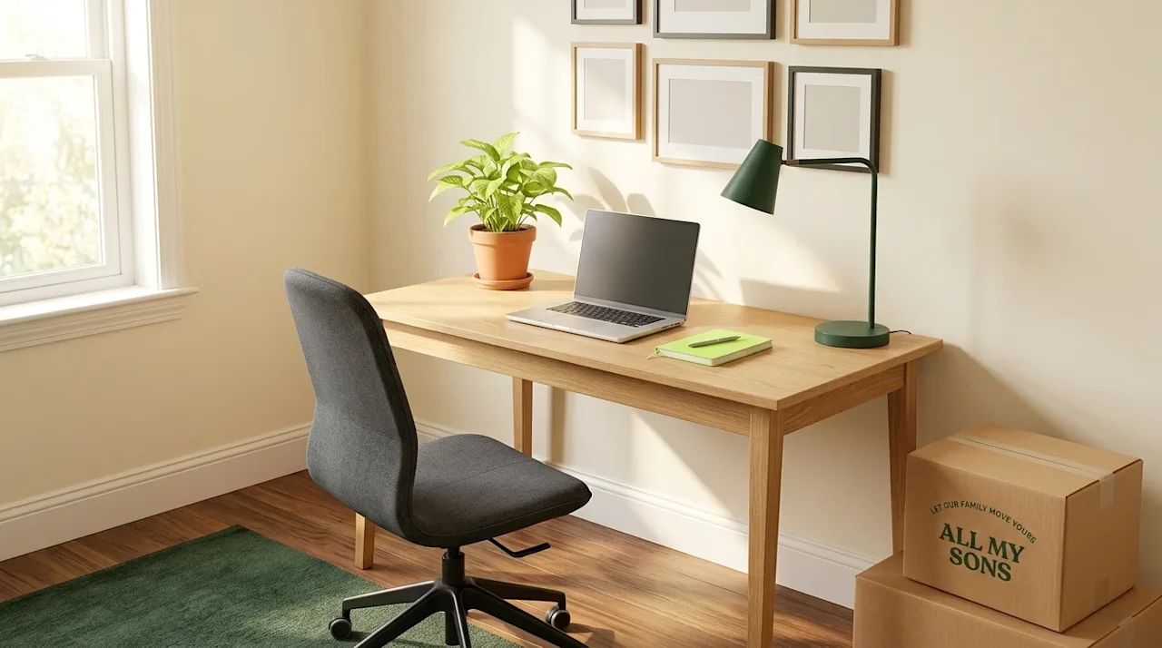 Clear, professional marketing photography of a bright, modern in-home office space being set up after a recent move. The room