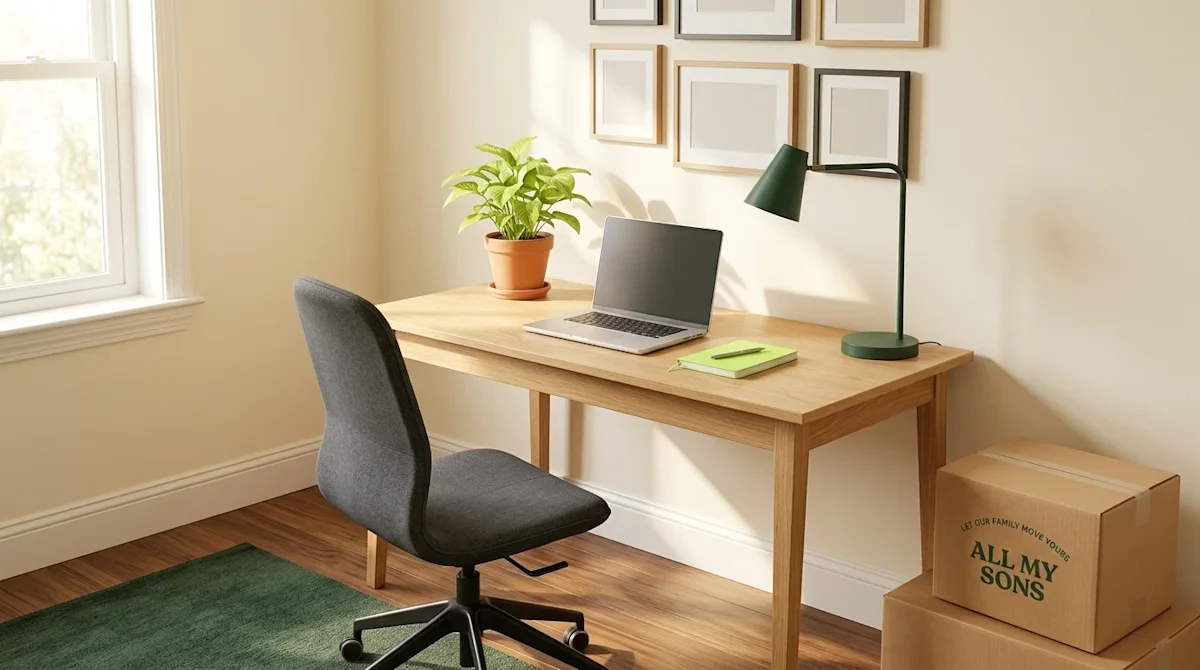 Clear, professional marketing photography of a bright, modern in-home office space being set up after a recent move. The room
