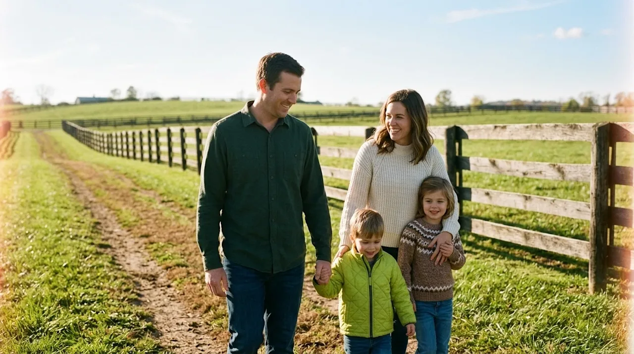 A candid, lifestyle photograph of a happy family enjoying a sunny afternoon outdoors in Lexington, Kentucky, walking alongside a trail.